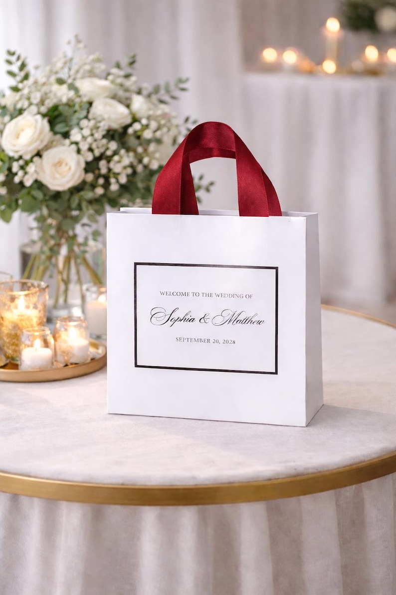 Wedding Welcome Bags with Claret Ribbon