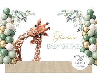 Baby Shower Backdrop, Momma and Baby Giraffe Backdrop, Printable Backdrop, Greenery