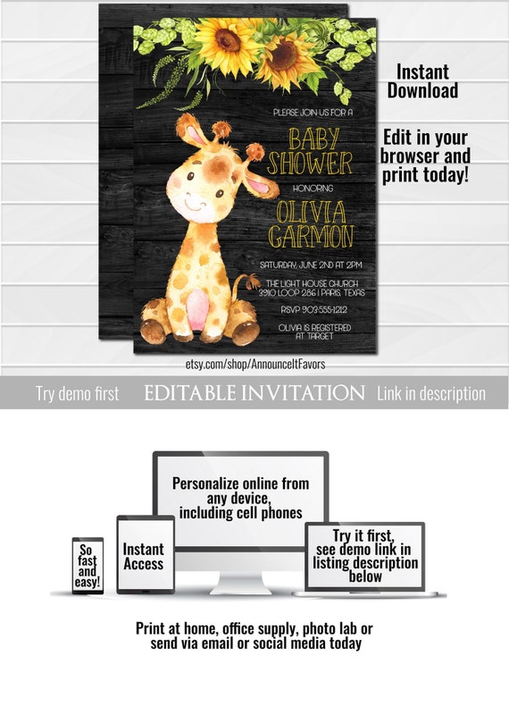 Giraffe Baby Shower Invitation, Giraffe Baby Shower, Instant Download, Giraffe Baby Shower Invite, Giraffe Invitation Il_570xn