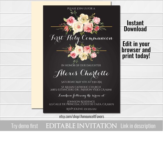 Floral First Communion Invitation - Printable Baptism or Christening Invitations Il_570xn