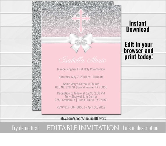 Glitter First Communion Invite - Printable Pink and Silver First Holy Communion Invitation Il_570xn