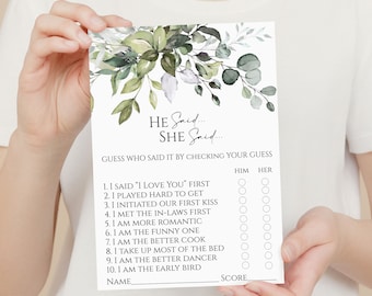 Gra Greenery He Said She Said Bridal Shower (edytowalna i do druku)