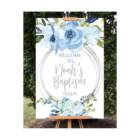 Baptism Welcome Sign Template, Editable Baptism Welcome Sign, Blue Floral Baptism Decoration Poster Il_570xn