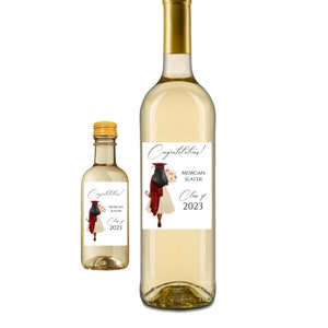 Graduation Wine Label, Darker Complexion holding a bouquet of flowers