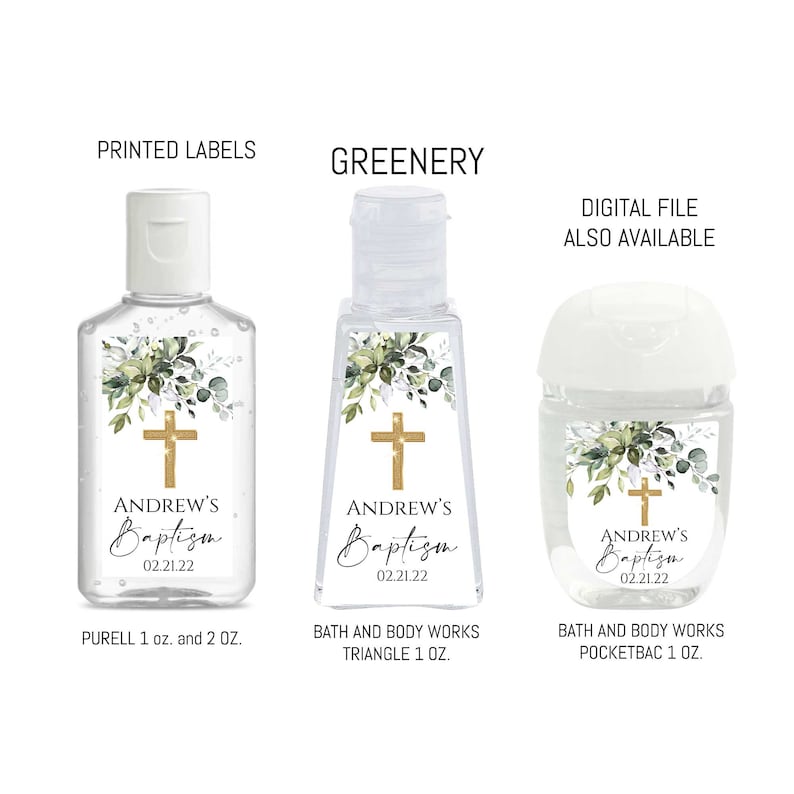Greenery Baptism Hand Sanitizer Labels