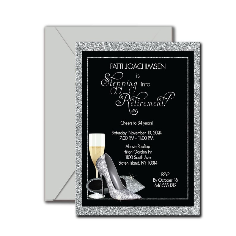 Silver Glitter Retirement Invitation Shoes Retirement Party Invitation image 1