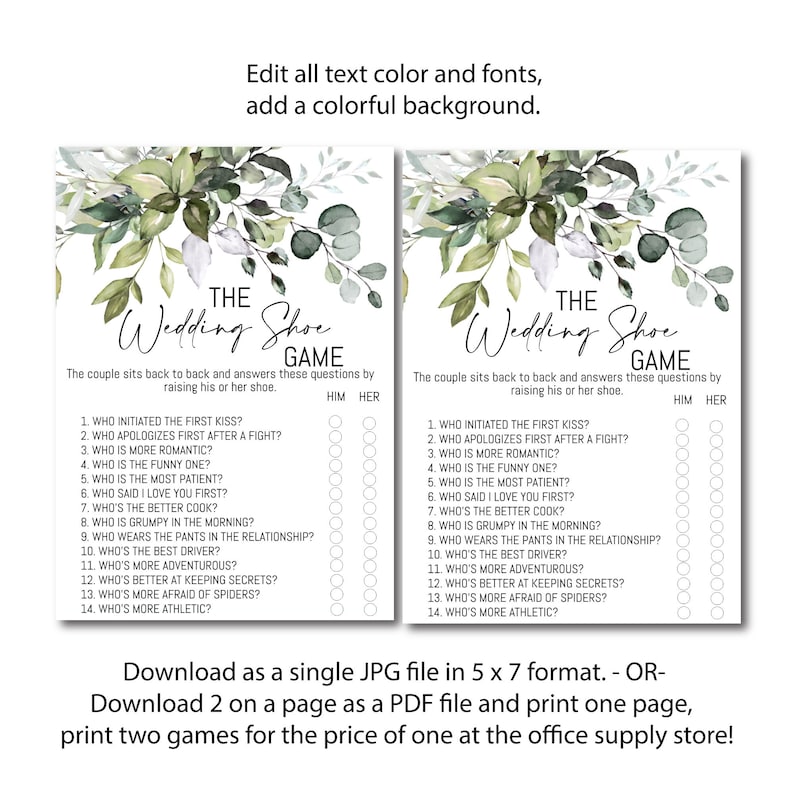Greenery Wedding Shoe Game PDF printable showing two on a page