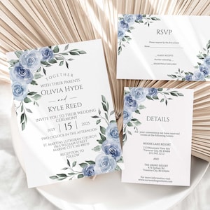 Dusty Blue Wedding Invitation Suite including invite, RSVP, details and thank you card