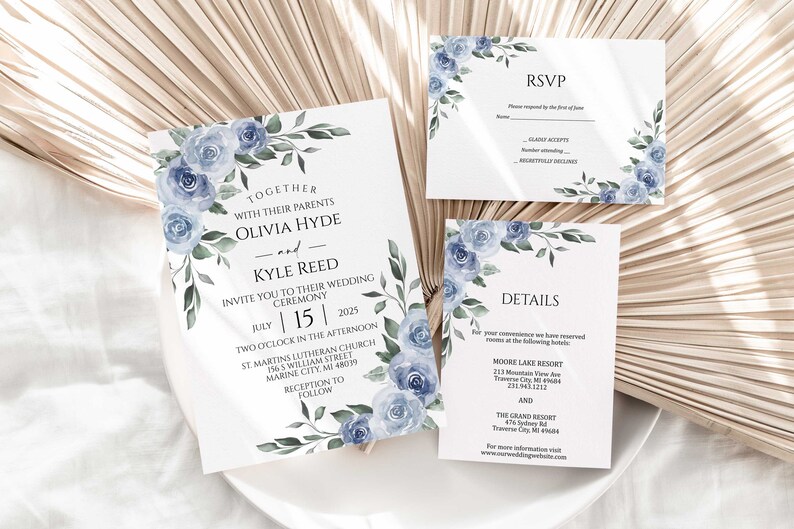 Dusty Blue Wedding Invitation Suite including invite, RSVP, details and thank you card