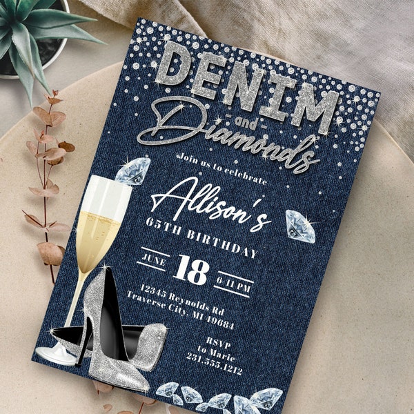 Denim and Diamonds Invitation Template, Denim & Diamonds Birthday Party Invite for Her, Editable Digital Download