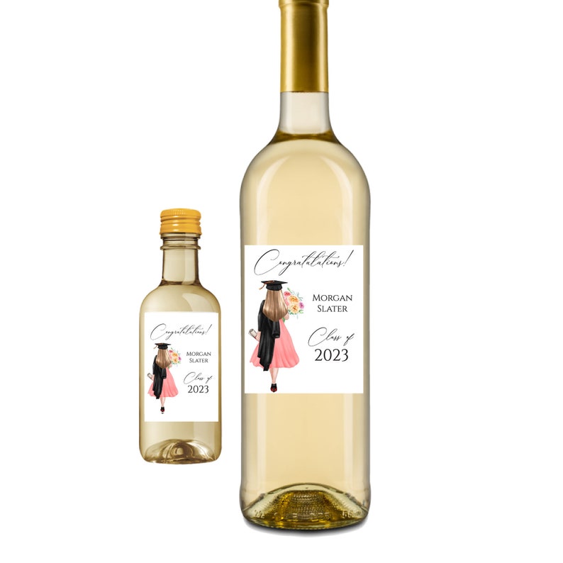 Graduation Wine Label, Blonde holding a bouquet of flowers