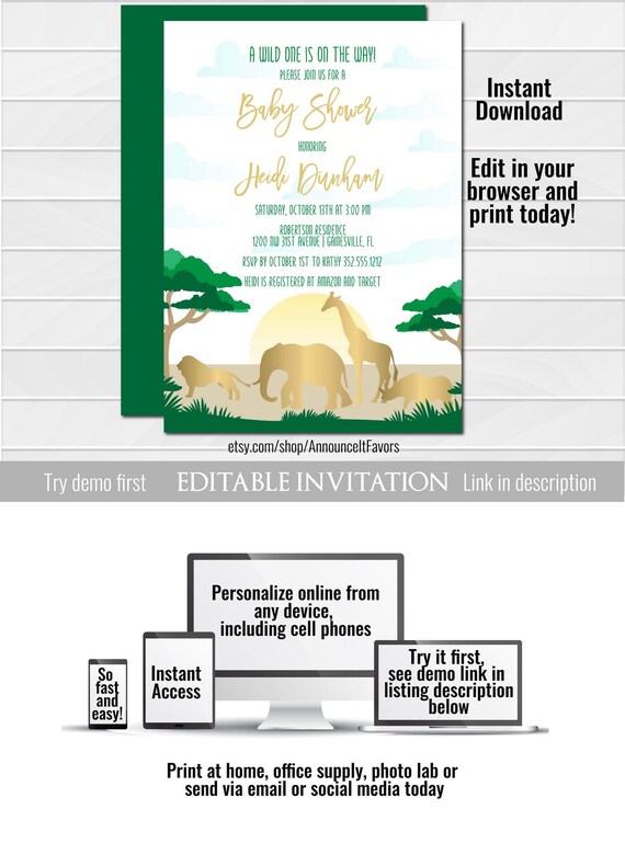 Gold Safari Baby Shower Invitation Template Jungle Animal Baby Gold Safari Baby Shower Invitation Template Jungle Animal Baby