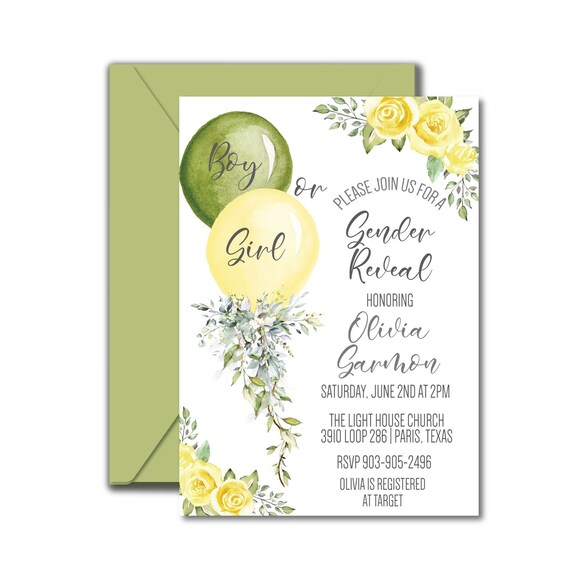 Yellow Green Gender Reveal Invitation, Balloons Gender Reveal Invite