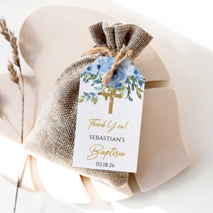 Printable Blue Floral Baptism Thank You Tags
