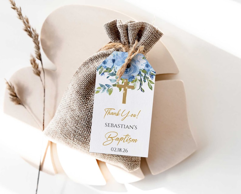 Printable Blue Floral Baptism Thank You Tags