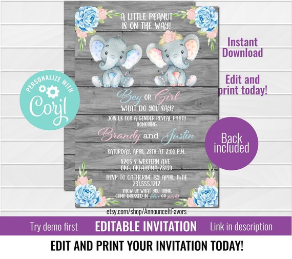 Elephant Gender Reveal Invitation Printable, Floral, Pink or Blue Watercolor Shower, Boy or Girl Il_570xn