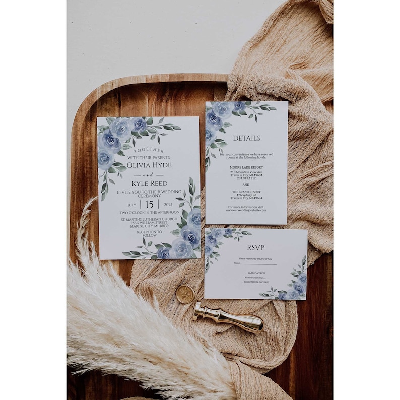 Dusty Blue Wedding Invitation Suite includes invite, details, rsvp and thank you card