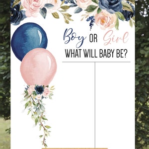 May include: A gender reveal party sign featuring a blue and pink balloon design. The sign reads "Boy or Girl? What will baby be?" and has a blank space for guests to write their predictions.
