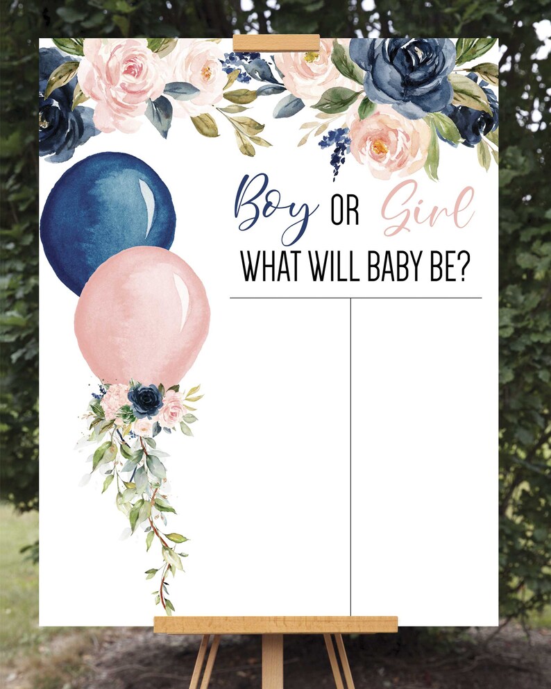 May include: A gender reveal party sign featuring a blue and pink balloon design. The sign reads "Boy or Girl? What will baby be?" and has a blank space for guests to write their predictions.