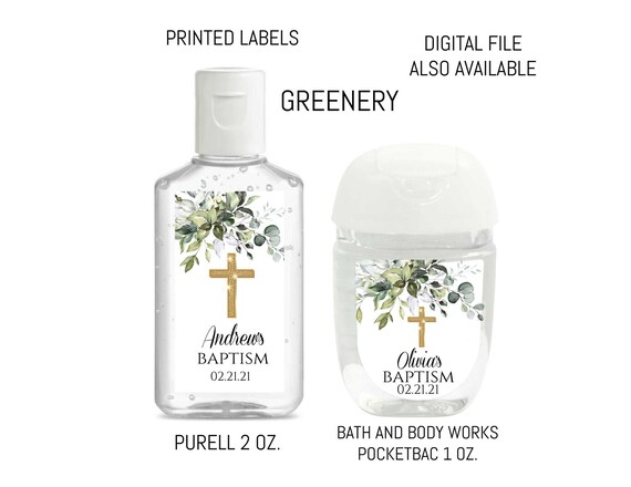 Baptism Hand Sanitizer Labels, Baptism Sanitizer Labels, Greenery Baptism Sanitizer Favor, Custom COVID Baptism Favor, Gold Cross Sticker Il_570xn