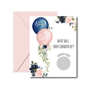 Carte à gratter sexe garçon ou fille - jeu de baby shower - ballons sexe révélateur - garçon ou fille - enveloppes à gratter bleu marine ou rose poudré