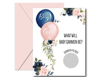 Boy or Girl Gender Reveal Scratch Off Card - Baby Shower Game - Balloons Gender Reveal - Boy or Girl - Navy or Blush Scratch Offs Envelopes