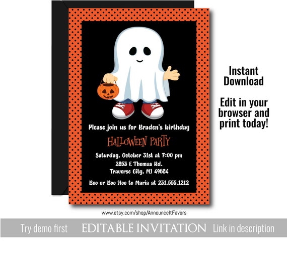 Kids Halloween Invitations, Ghost Halloween Party Invitation, Editable Costume Halloween Birthday Invites Il_570xn