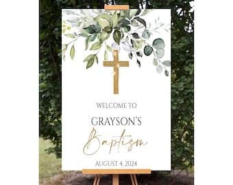 Greenery Baptism Welcome Sign, Greenery Eucalyptus Printable Baptism Sign, Personalized Baptism Decoration Poster, Gold Glitter Cross