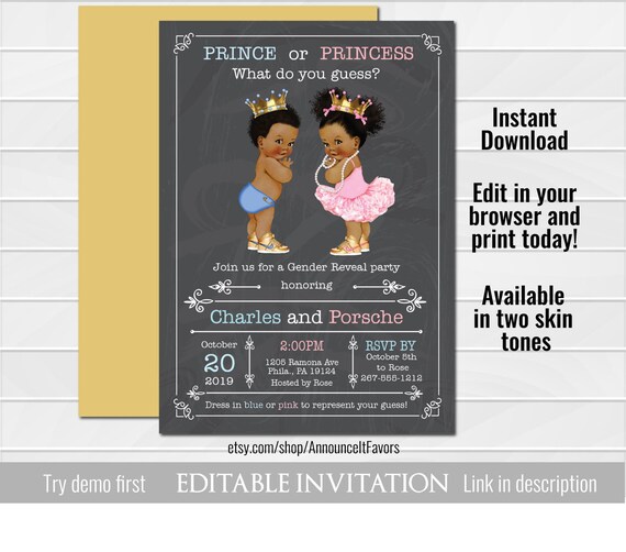 Prince Or Princess Gender Reveal Invitation Printable African Prince Or Princess Gender Reveal Invitation Printable African