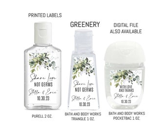 30 Hand Sanitizer Labels, Share Love Not Germs Sanitizer Labels, Greenery Wedding Sanitizer Favor, Custom COVID Wedding Favor, Pocketbac