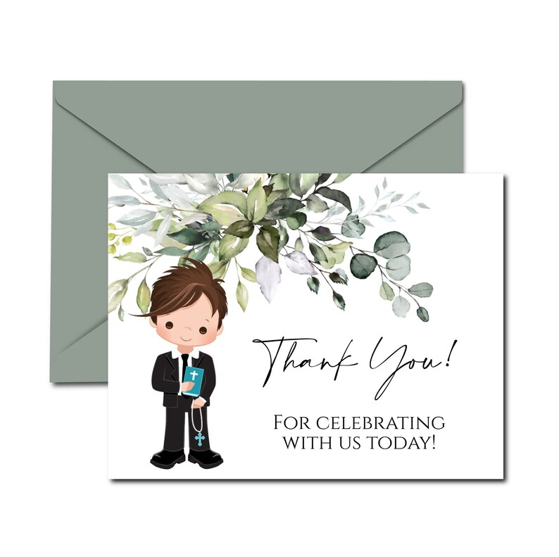 Greenery Boy First Holy Communion Thank You Cards Template Etsy