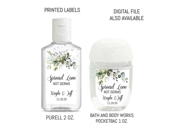 30 Hand Sanitizer Labels, Spread Love Not Germs Sanitizer Labels, Greenery Wedding Sanitizer Favor, Custom COVID Wedding Favor, Pocketbac Il_570xn