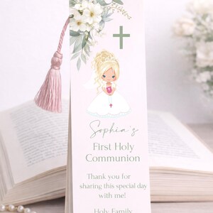 First Communion Bookmark, Blonde Updo Girl