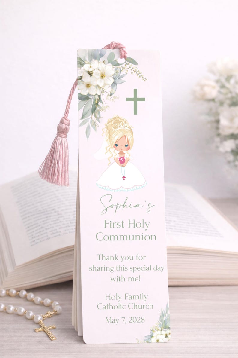First Communion Bookmark, Blonde Updo Girl