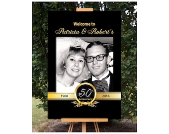 Letrero de bienvenida de aniversario con foto personalizada, decoración de fiesta imprimible
