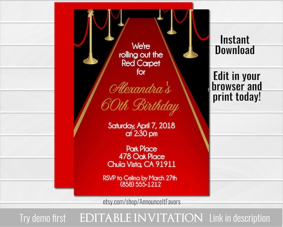 Red Carpet Invitation, Adult Red Carpet Birthday Invite, Party Printable Digital File Il_570xn