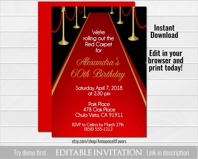 Red Carpet Invitation Adult Red Carpet Birthday Invite Party Etsy