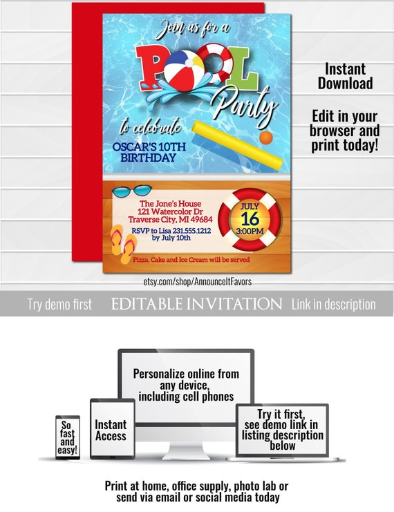 Editable Pool Birthday Invitation, Swimming Pool Party Invite Printable, Instant Download, Corjl Template Il_570xn