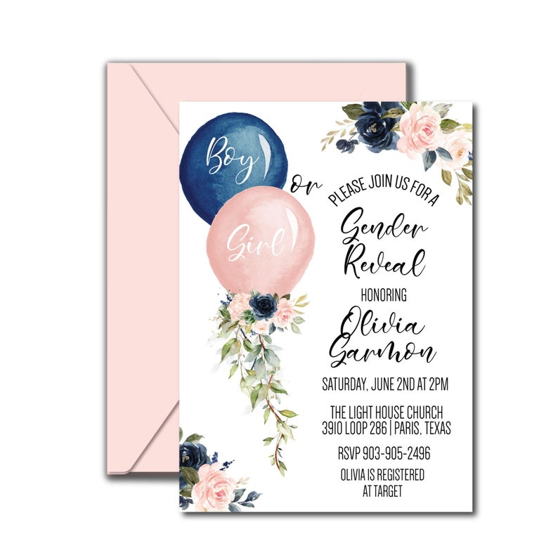 Balloons Gender Reveal Invitation Template, Pink or Blue (Digital File) image 1