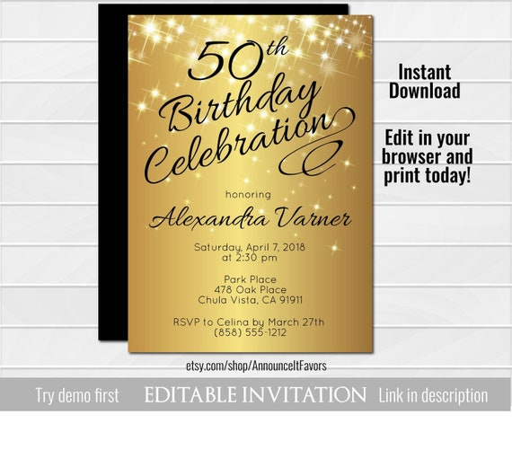 50th Birthday Invitation Template Elegant Birthday Invitation Printable Instant Download