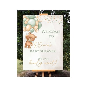 Grüner Teddy Bär-Baby-Dusche Willkommensschild, Printable Sofortdownload