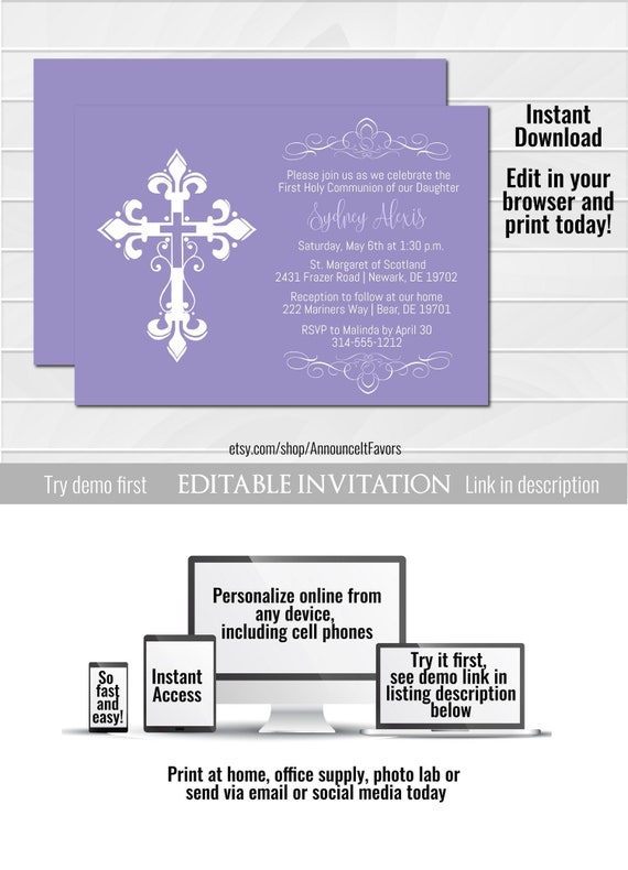 Cross First Communion Invitation Printable Purple Communion Invite