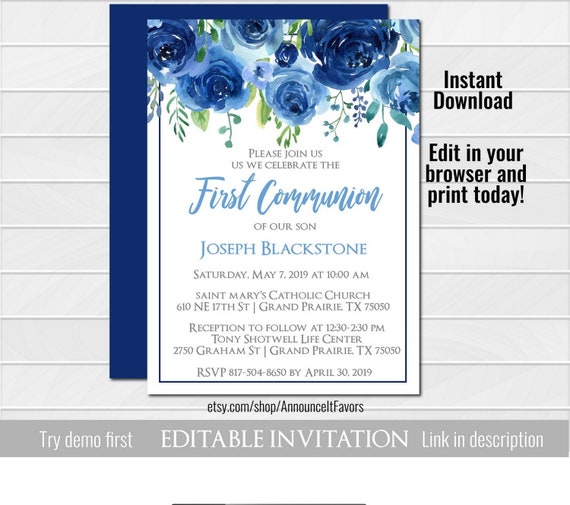 Boy First Communion Invitation, Blue 1st Communion Invites, Printable Invitation Boy Il_570xn