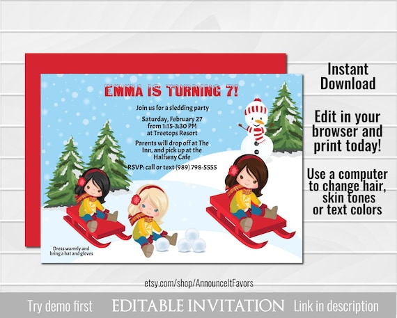 Boys Sledding Invitation Childrens Snow Party Invite Printable