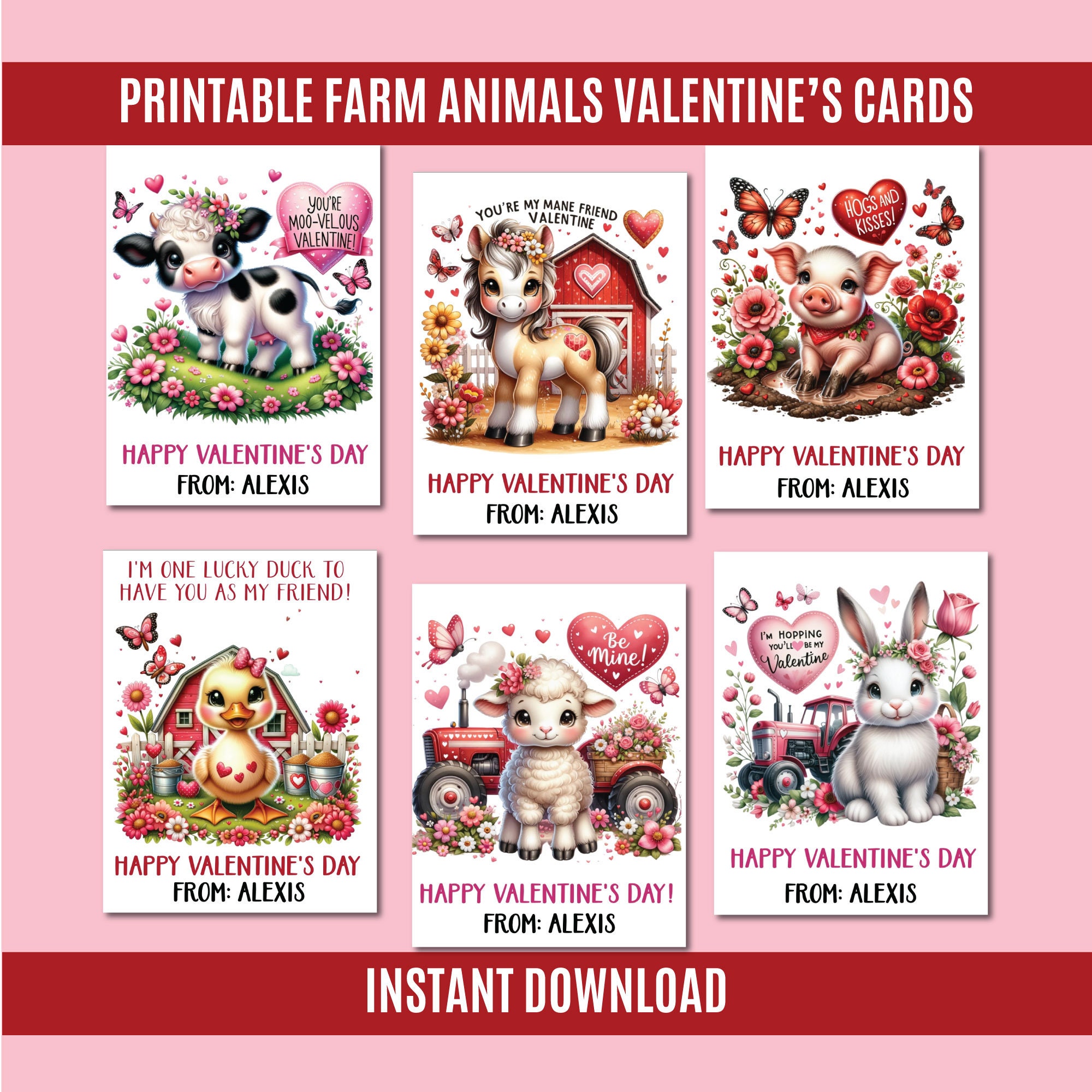 Farm Valentines Printable Template, Farm Valentine's Cards for Kids, Preschool Valentine Toddler Classroom