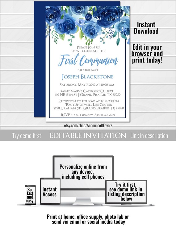 Boy First Communion Invitation, Blue 1st Communion Invites, Printable Invitation Boy Il_570xn