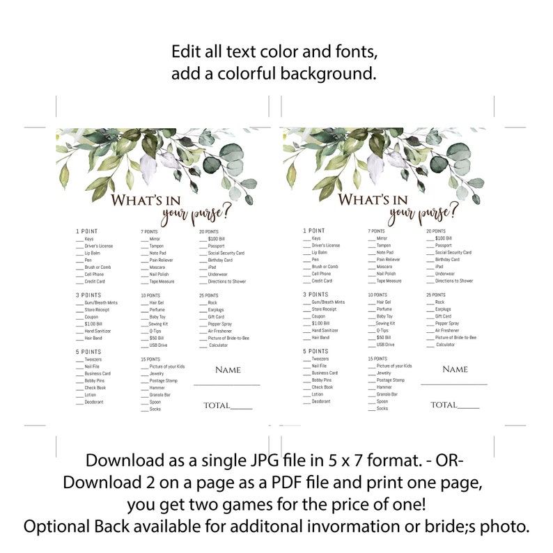 Printable What's In Your Purse Bridal Shower Games