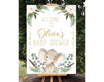 Editable Elephant Baby Shower Welcome Sign, Gold Elephant Baby Shower Sign Template