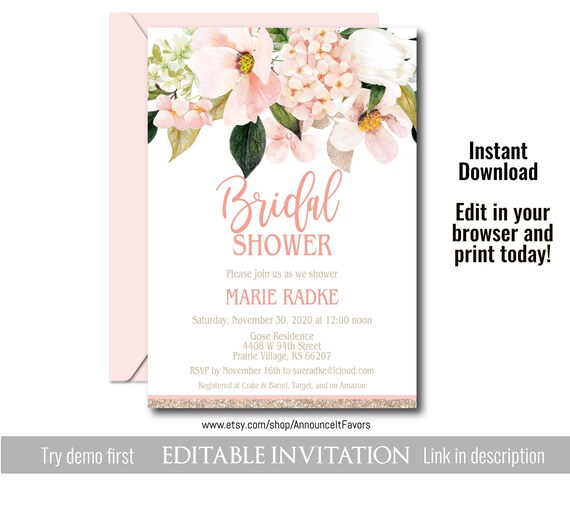 Hydrangea Bridal Shower Invitation, Instant Download Template Il_570xn
