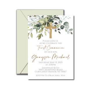 Matching Greenery First Communion Invitation